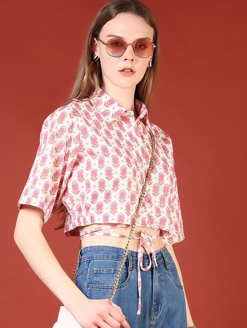 women floral printed collared crop shirt - 21694297 - Standard Image - 0