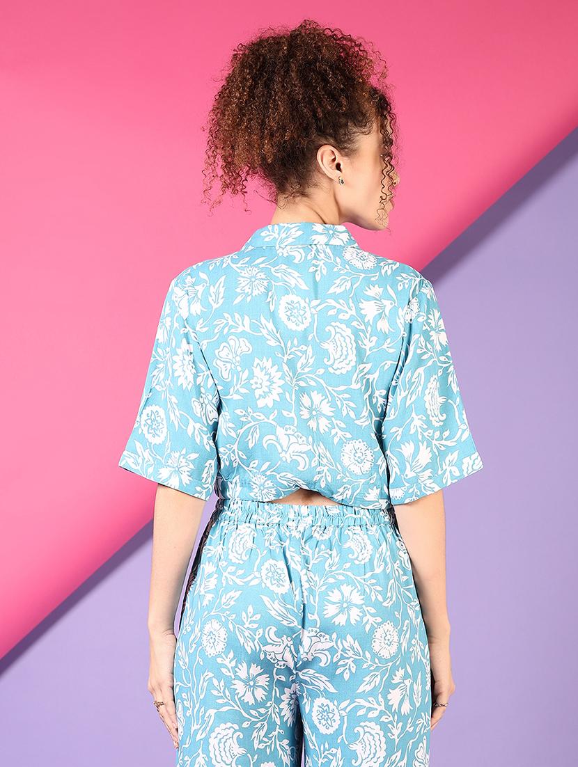 women blue floral printed short sleeve crop top - 21694298 - Standard Image - 2