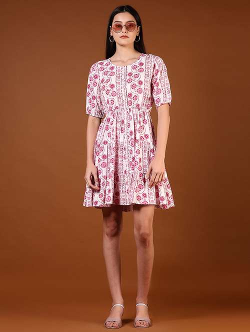 women pink floral printed puff sleeve tiered dress - 21694300 -  Standard Image - 0