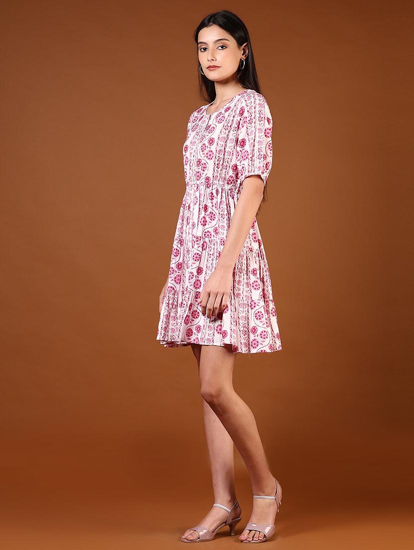 women pink floral printed puff sleeve tiered dress - 21694300 - Standard Image - 2