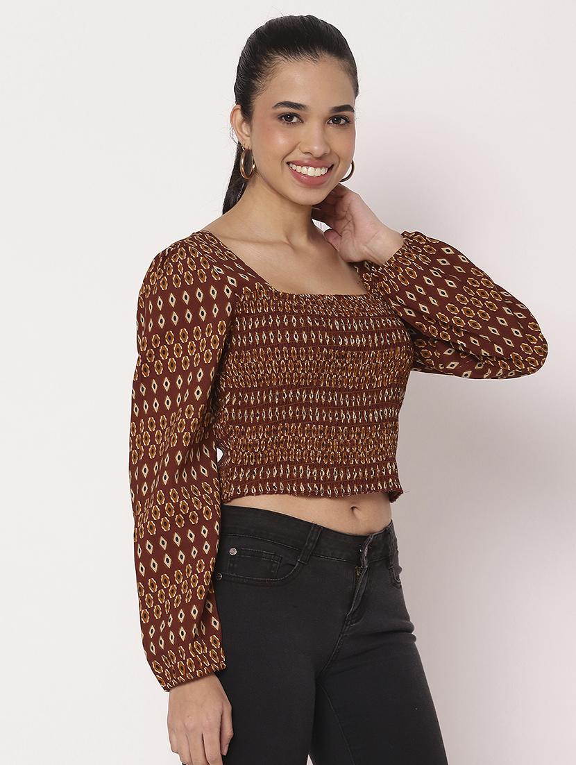 women printed bishop sleeve crop top - 21694657 - Standard Image - 2