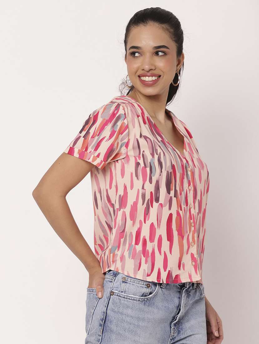 women pink printed v neck shirt top - 21694661 -  Standard Image - 2