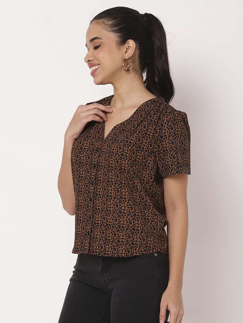 women brown animal print v neck shirt top - 21694662 -  Standard Image - 2