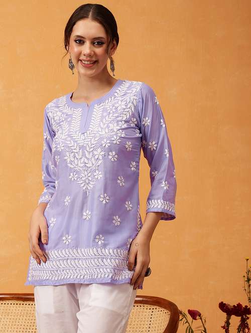 women three quarter sleeve chikankari kurti - 21694702 - Standard Image - 0