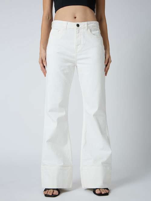globus women white cotton stretch solid mid-rise wide bottom hem bootcut jeans - 21694757 -  Standard Image - 0
