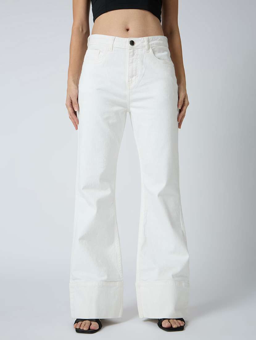 globus women white cotton stretch solid mid-rise wide bottom hem bootcut jeans - 21694757 -  Zoom Image - 0