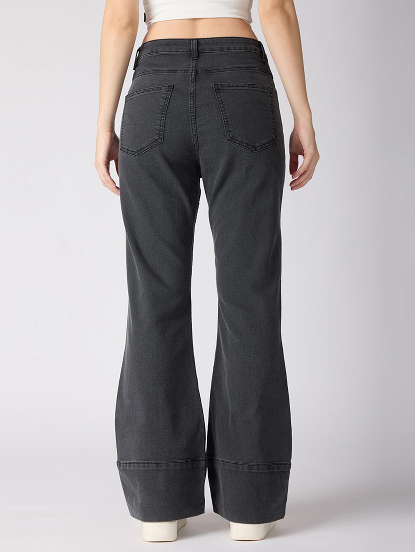 globus women charcoal cotton stretch solid mid-rise wide bottom hem bootcut jeans - 21694759 - Standard Image - 2