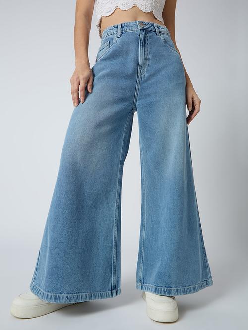 globus women light blue cotton solid mid-rise super flared jeans - 21694760 - Standard Image - 0