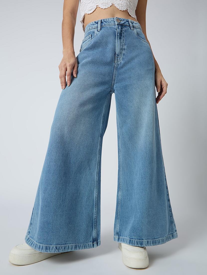 globus women light blue cotton solid mid-rise super flared jeans - 21694760 - Zoom Image - 0