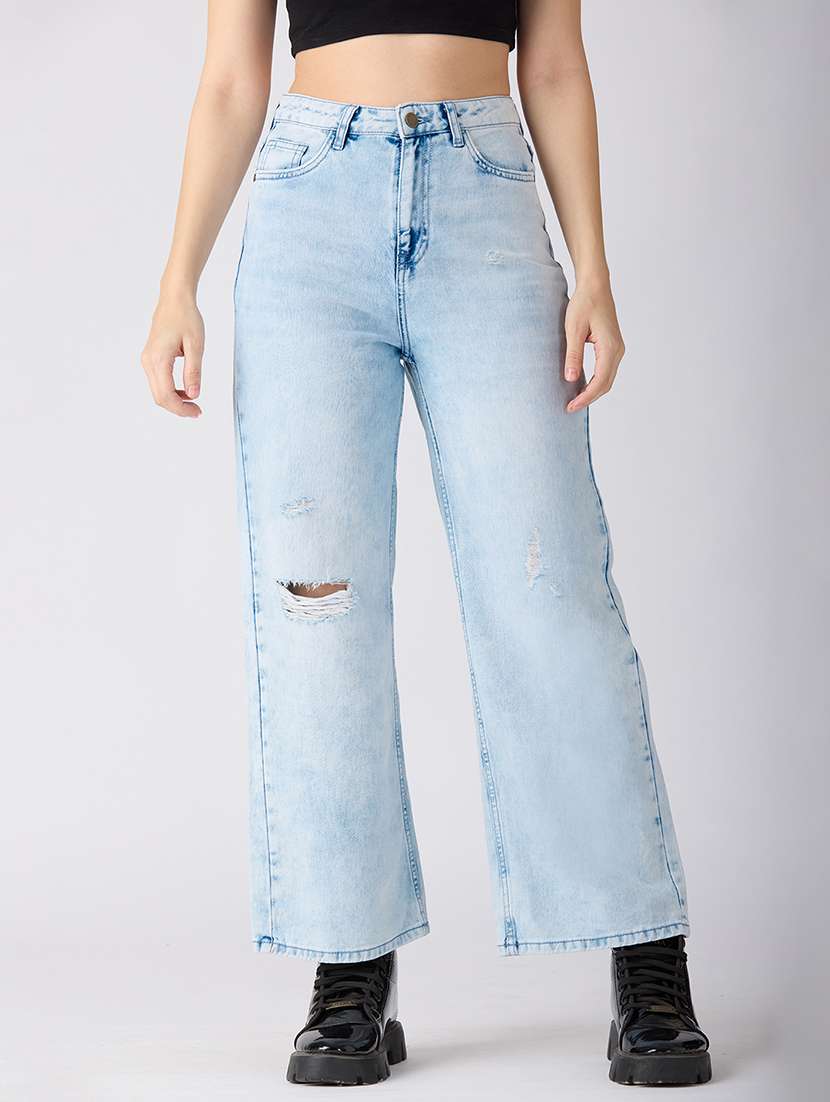 globus women light blue cotton distress mid-rise wide leg jeans