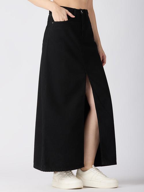 globus women black solid mid-rise front slit straight maxi denim skirt - 21694766 -  Standard Image - 0