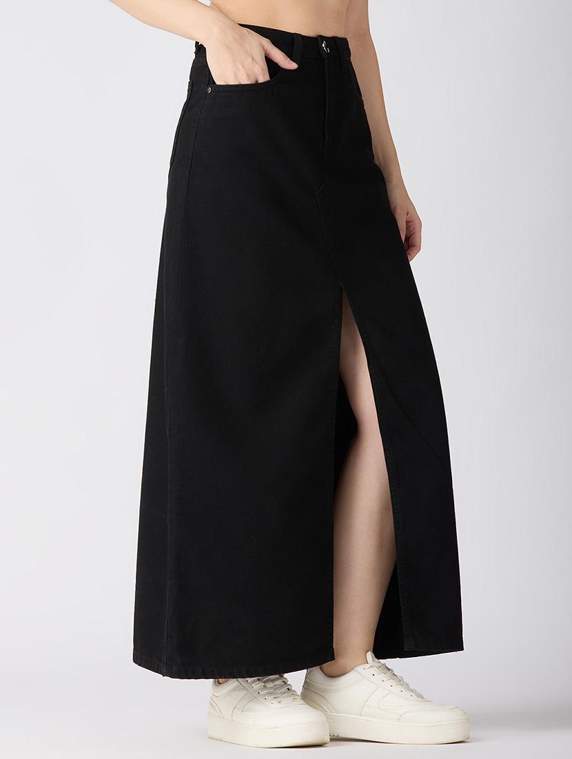 globus women black solid mid-rise front slit straight maxi denim skirt - 21694766 -  Zoom Image - 0