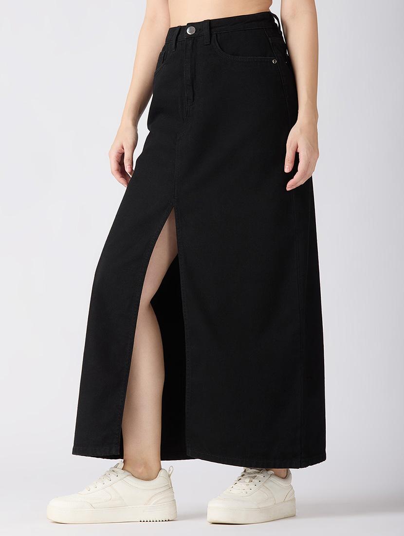 globus women black solid mid-rise front slit straight maxi denim skirt - 21694766 - Standard Image - 2