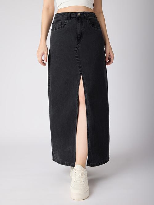 globus women grey solid mid-rise front slit straight maxi denim skirt - 21694767 -  Standard Image - 0