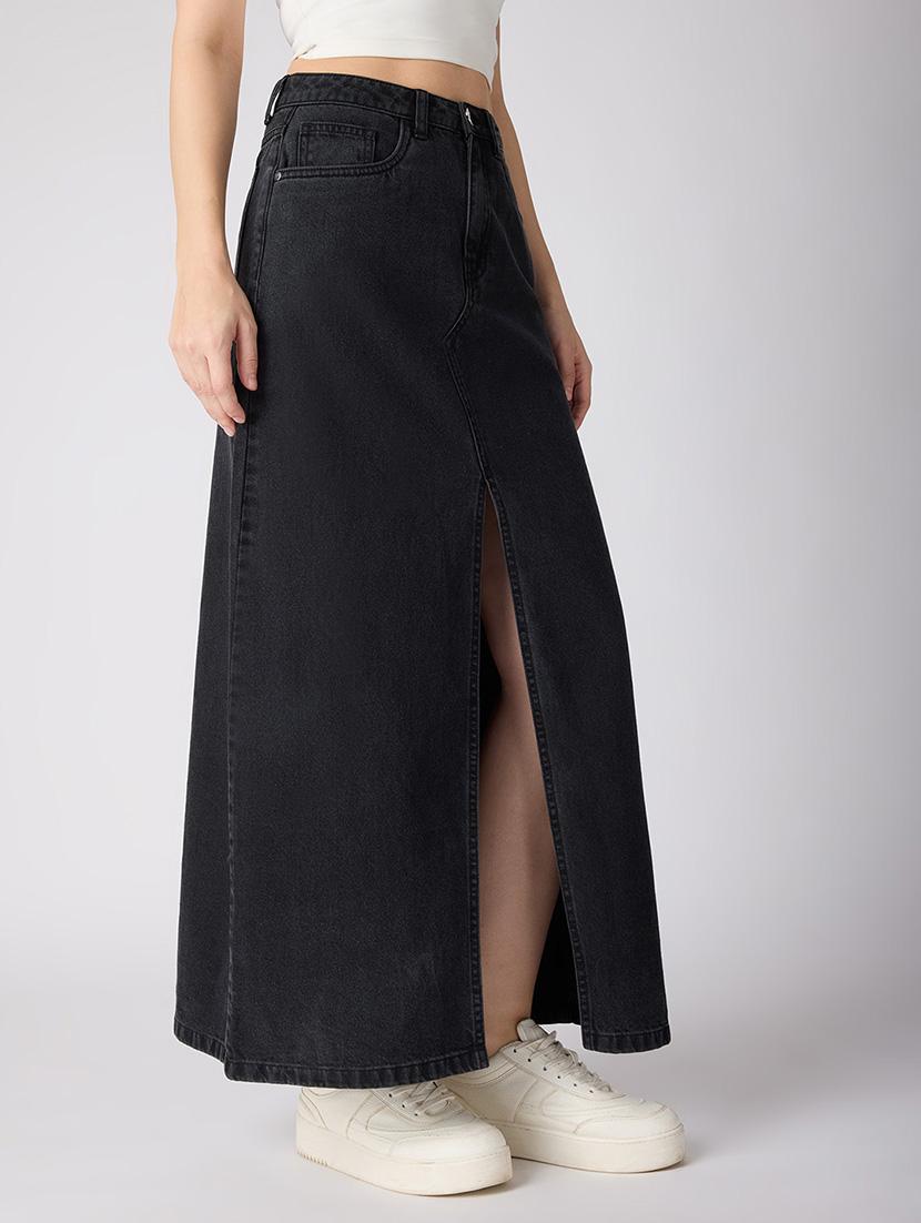 globus women grey solid mid-rise front slit straight maxi denim skirt - 21694767 - Standard Image - 2