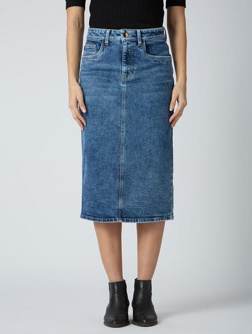 globus women med blue stretchable solid mid-rise back slit midi denim pencil skirt - 21694768 - Standard Image - 0
