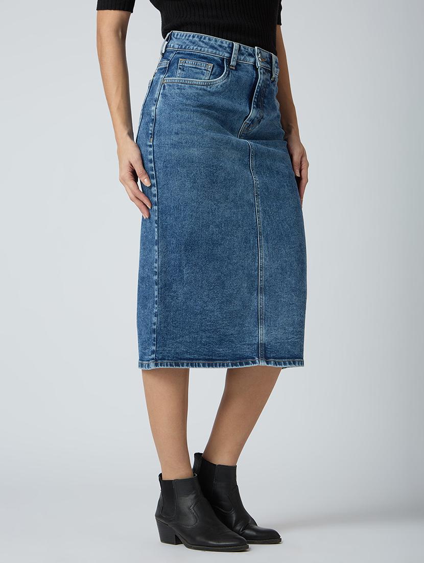 globus women med blue stretchable solid mid-rise back slit midi denim pencil skirt - 21694768 - Standard Image - 2
