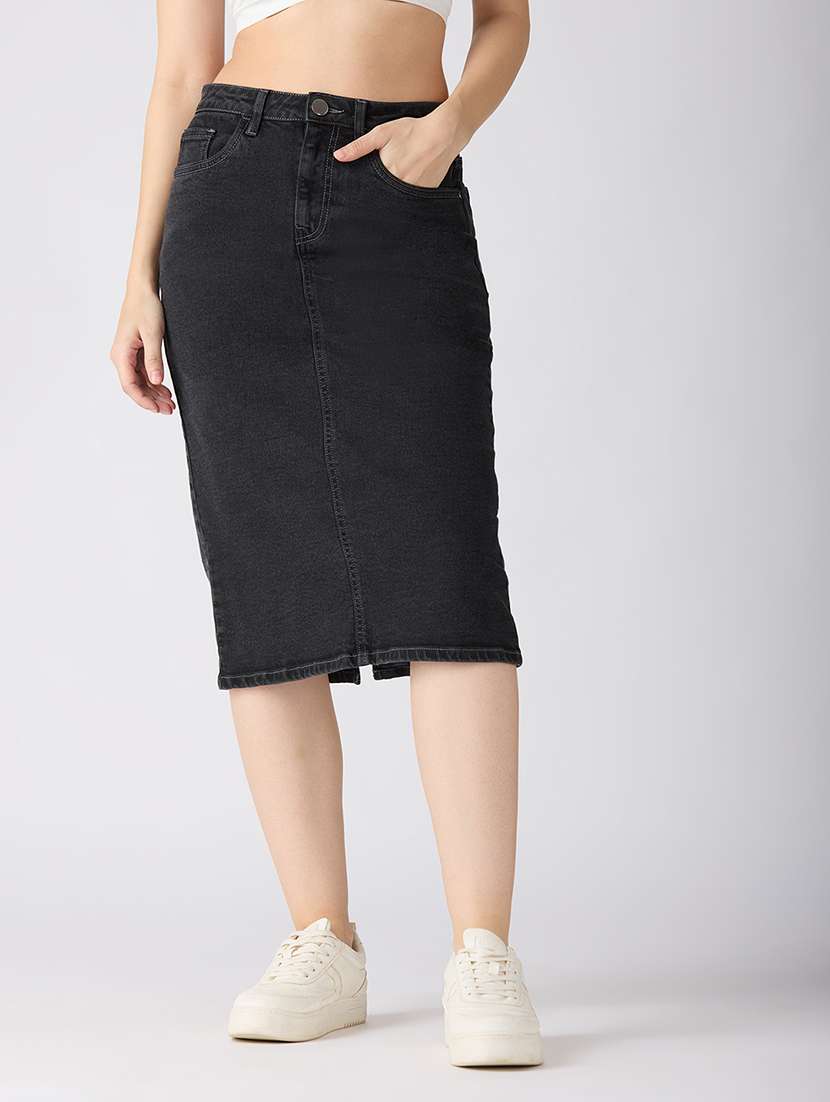 globus women charcoal stretchable solid mid-rise back slit midi denim pencil skirt - 21694769 -  Zoom Image - 0