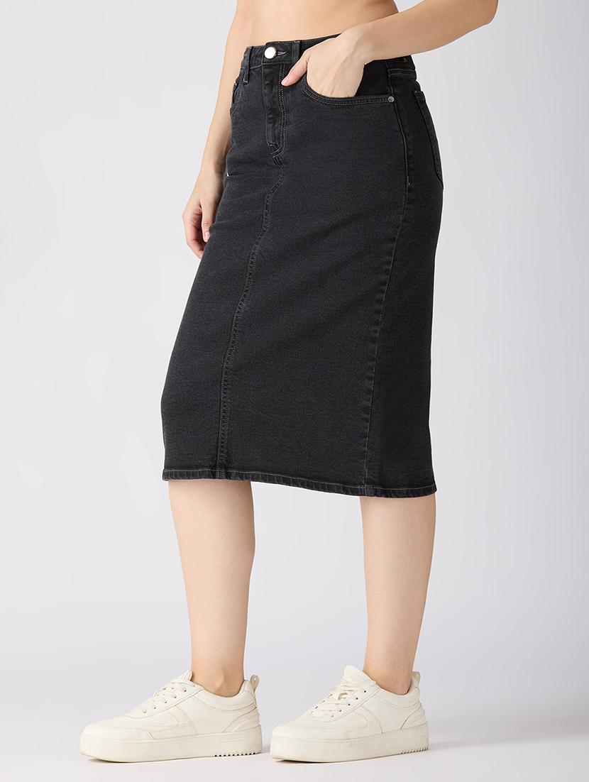 globus women charcoal stretchable solid mid-rise back slit midi denim pencil skirt - 21694769 - Standard Image - 2