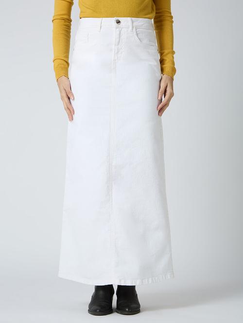 globus women white stretchable solid mid-rise back slit straight maxi denim skirt - 21694770 -  Standard Image - 0