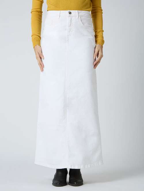 Globus Women White Stretchable Solid Mid Rise Back Slit Straight Maxi Denim Skirt
