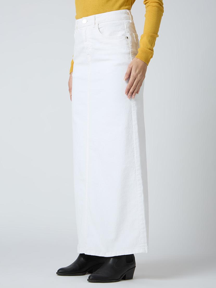 globus women white stretchable solid mid-rise back slit straight maxi denim skirt - 21694770 - Standard Image - 2