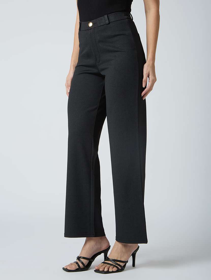 globus women black self checked design stretchable mid-rise straight fit workwear trousers