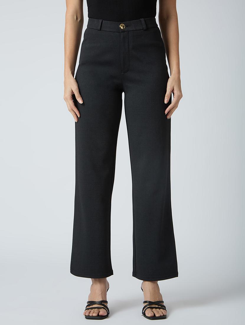 globus women black self checked design stretchable mid-rise straight fit workwear trousers - 21694771 - Standard Image - 2