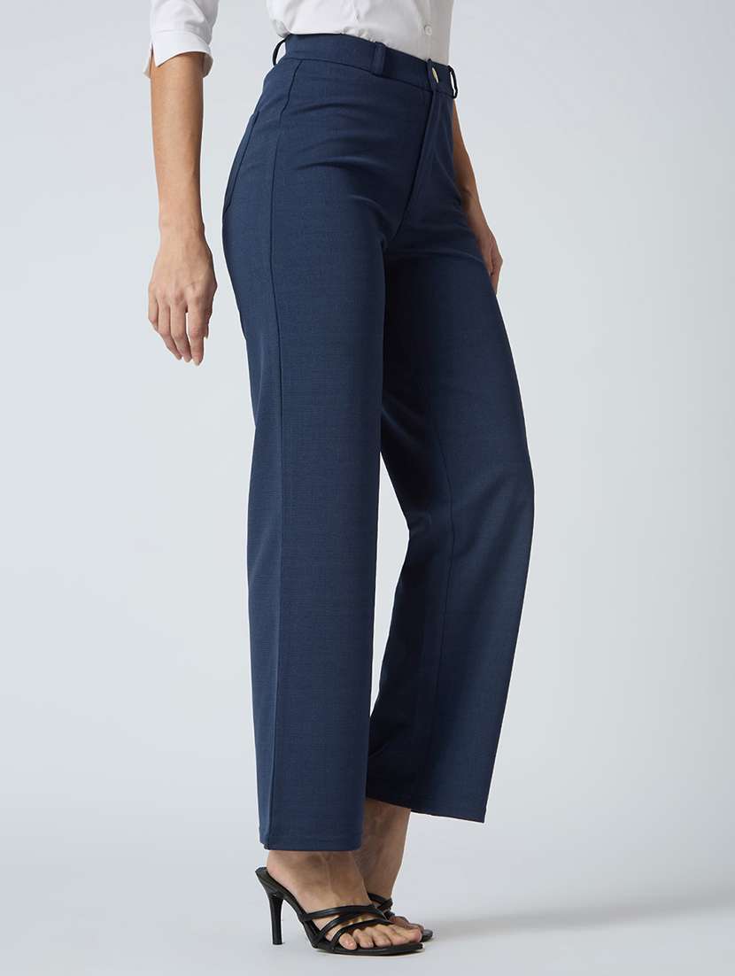 globus women navy self checked design stretchable mid-rise straight fit workwear trousers - 21694772 -  Standard Image - 2