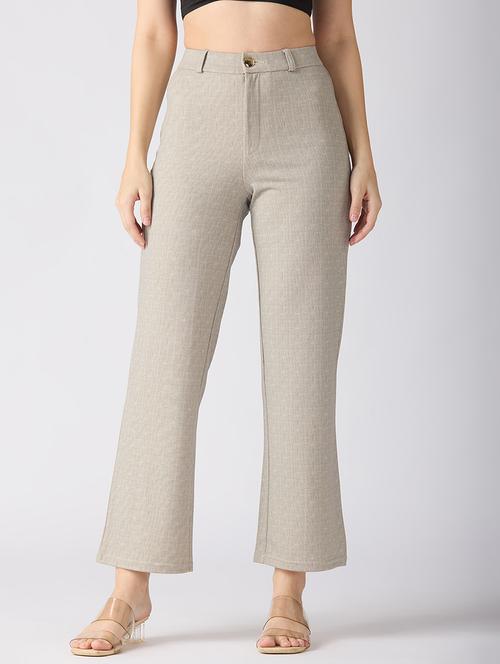 globus women beige self checked design stretchable mid-rise straight fit workwear trousers - 21694773 - Standard Image - 0