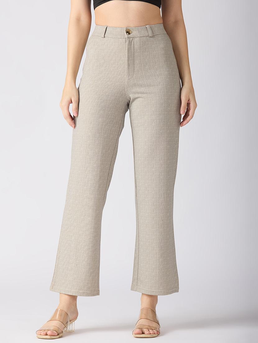 globus women beige self checked design stretchable mid-rise straight fit workwear trousers - 21694773 - Zoom Image - 0