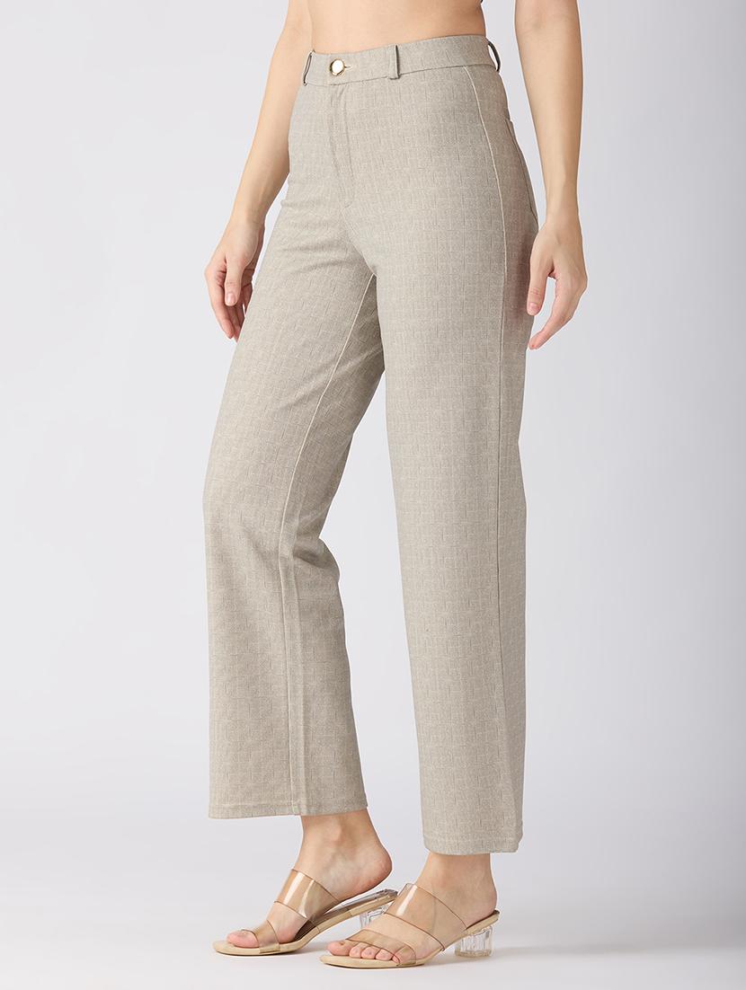 globus women beige self checked design stretchable mid-rise straight fit workwear trousers - 21694773 - Standard Image - 2