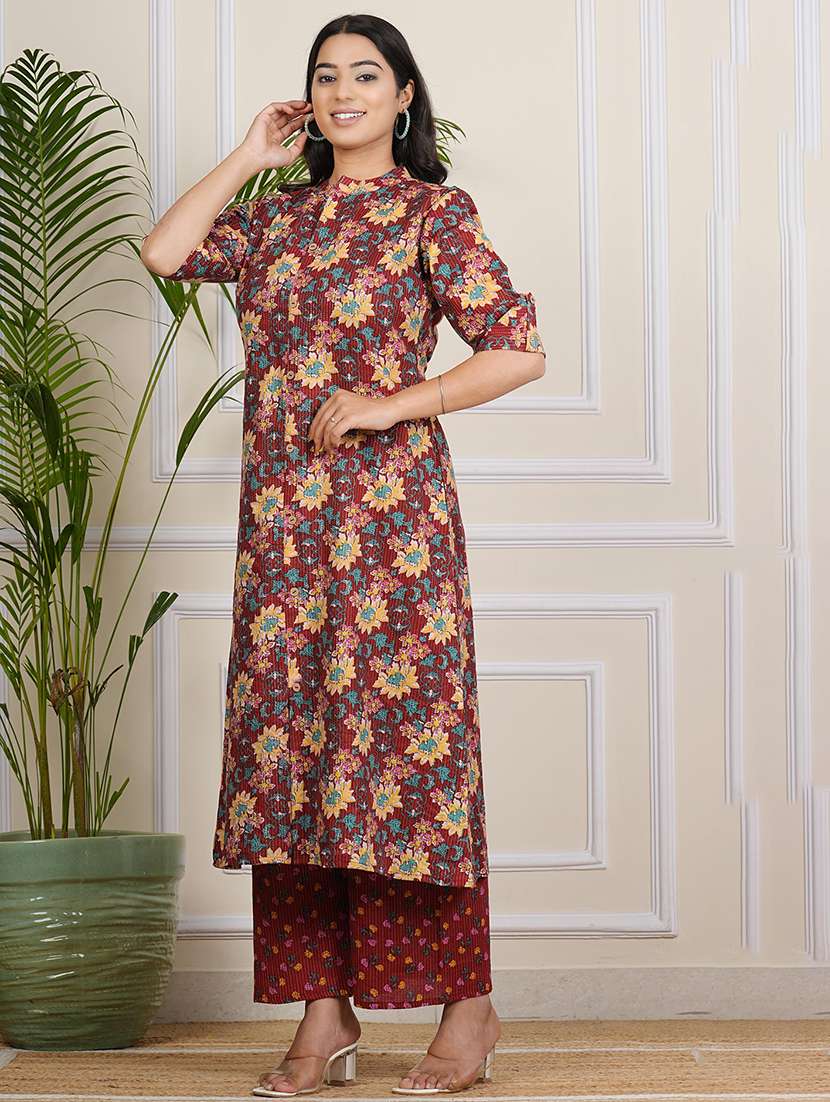 women floral printed mandarin neck kurta palazzo set - 21694785 -  Standard Image - 2