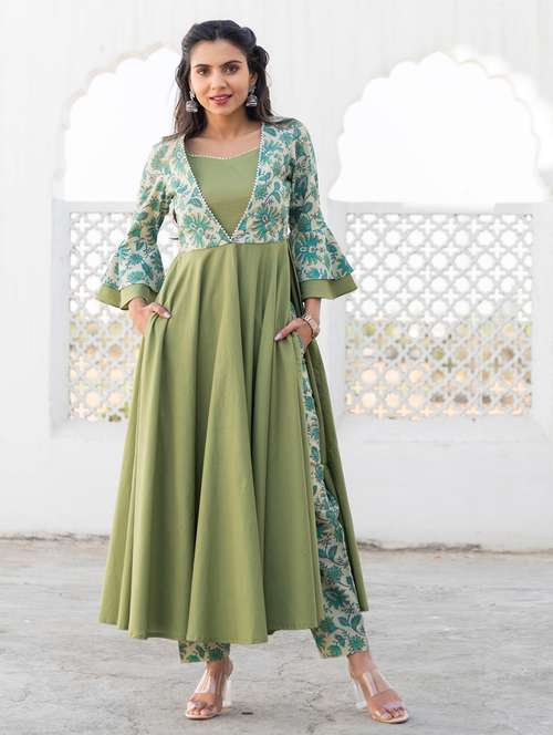 women placement print sweetheart neck flared kurta - 21694792 - Standard Image - 0