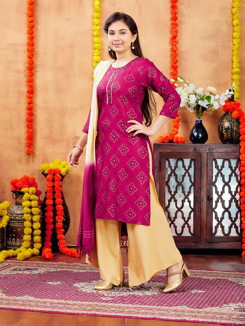 girls printed round neck straight kurta - 21694877 -  Standard Image - 2