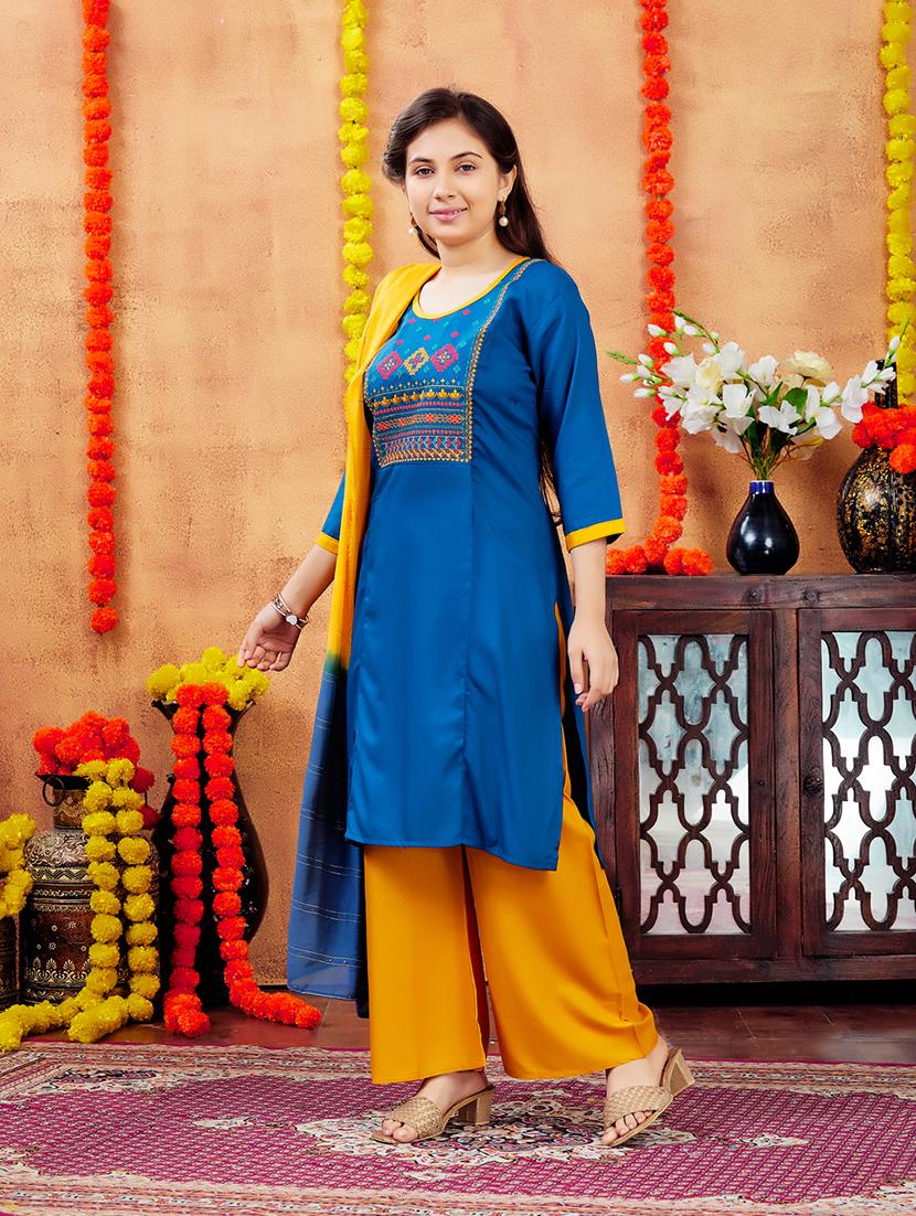 girls embroidered round neck straight kurta - 21694878 - Standard Image - 2