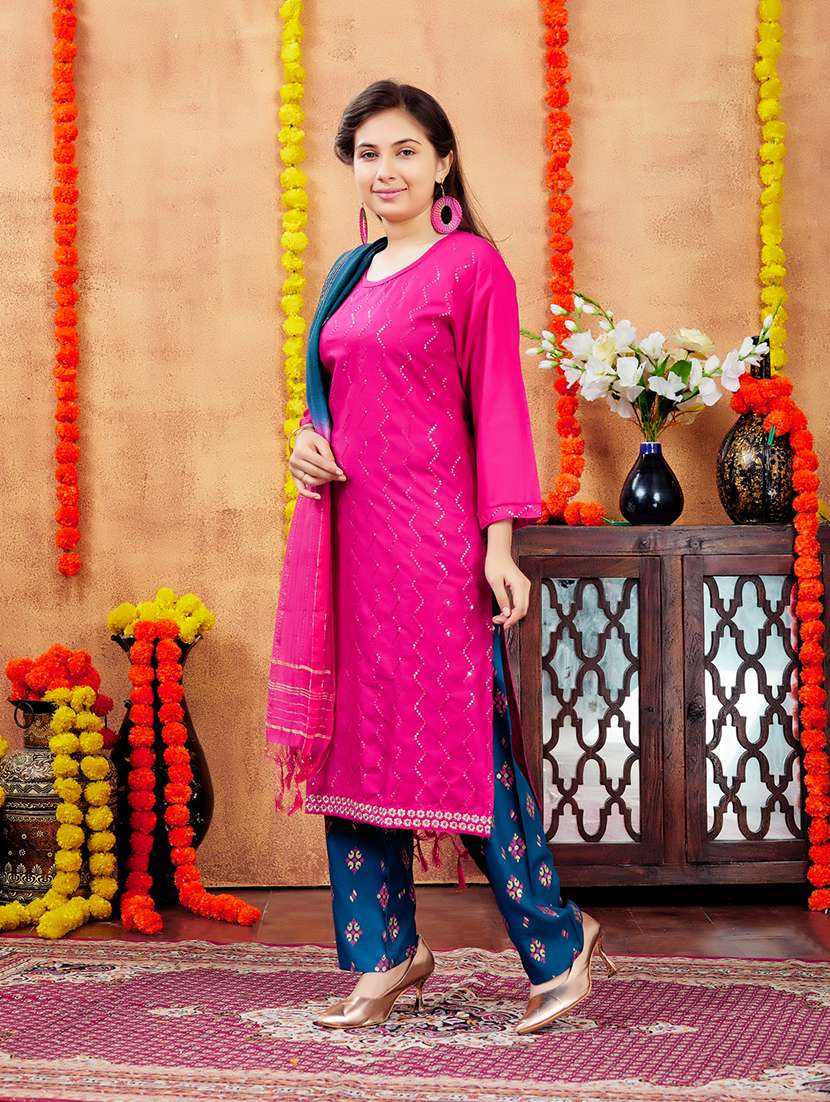 girls sequin work round neck straight kurta - 21694886 - Standard Image - 2