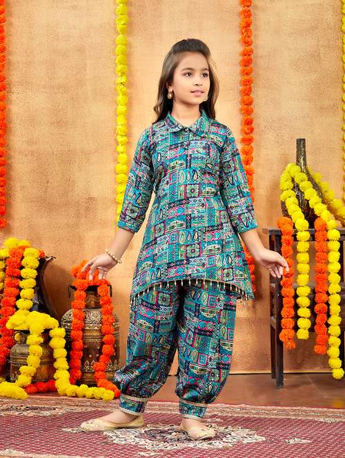 girls printed shirt collar neck patiyala suit set