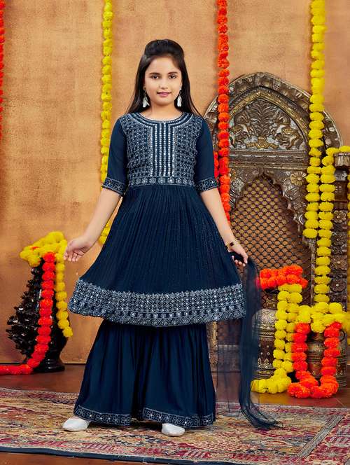 girls embellished mirror work kurta sharara set with dupatta