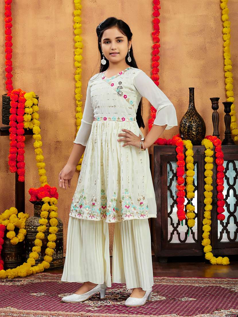 girls embroidered sequin work kurta sharara set  - 21694897 -  Standard Image - 2