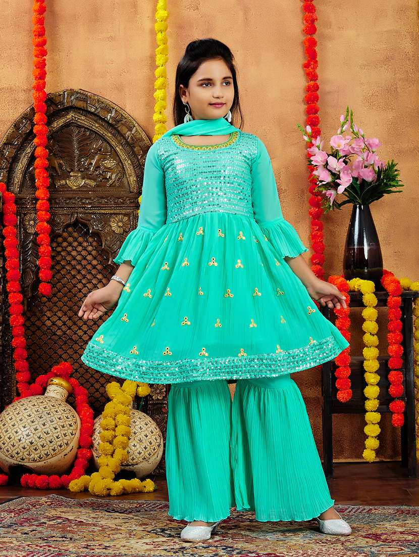 girls sequin mirror work kurta sharara set with dupatta