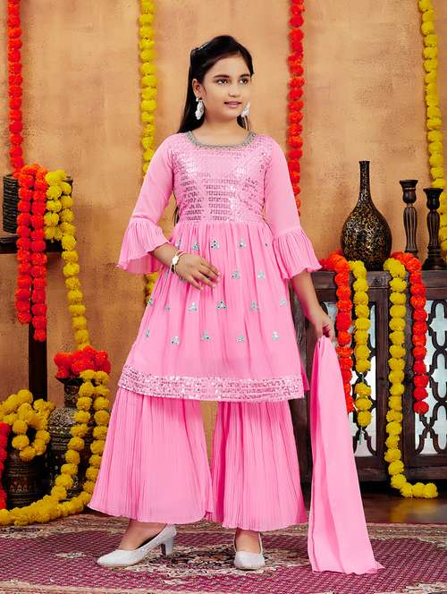 girls sequin mirror work kurta sharara set with dupatta