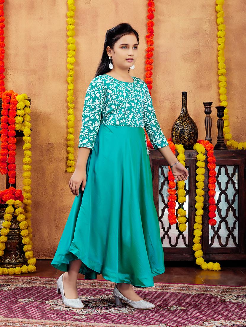girls embroidered round neck party wear gown - 21694951 - Standard Image - 2
