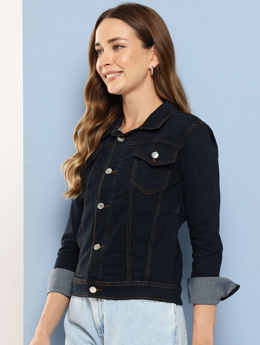 women long sleeves solid denim jacket - 21694999 - Standard Image - 2