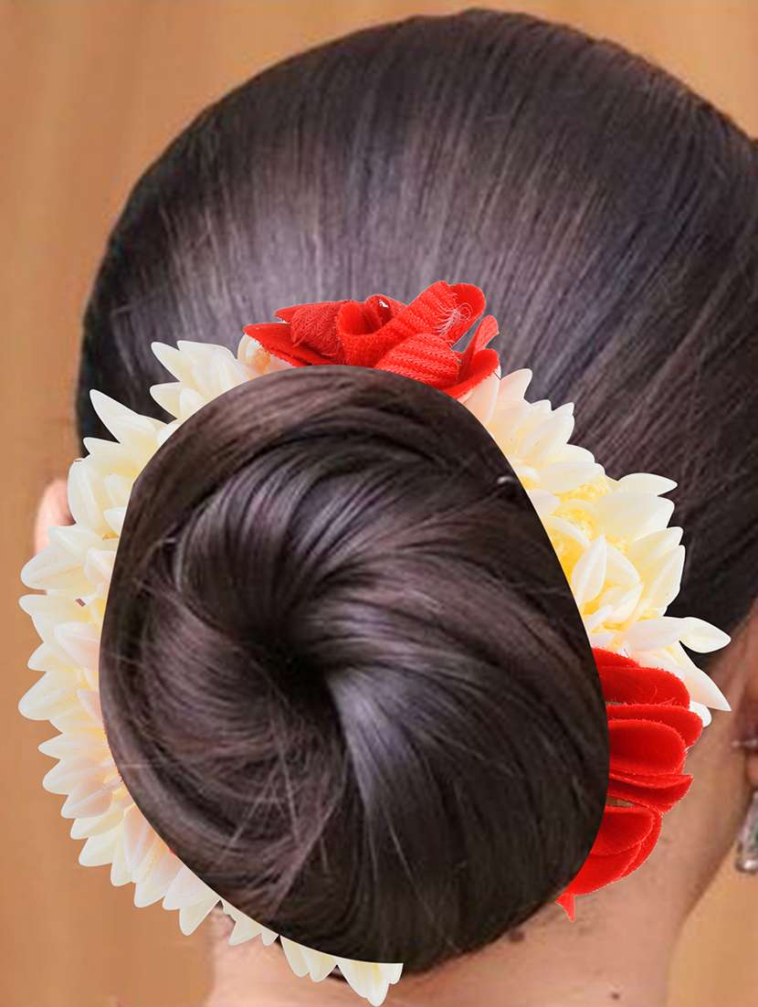 artificial hair gajra with red roses and white mogra flowers - 21695206 -  Standard Image - 2