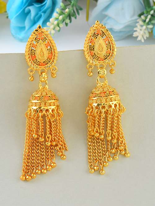 brass gold small tassled jhumki - 21695214 -  Standard Image - 0