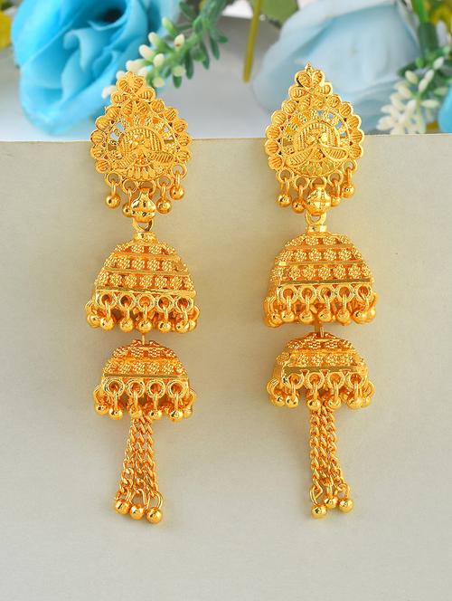 brass gold plated tassled jhumki - 21695215 - Standard Image - 0