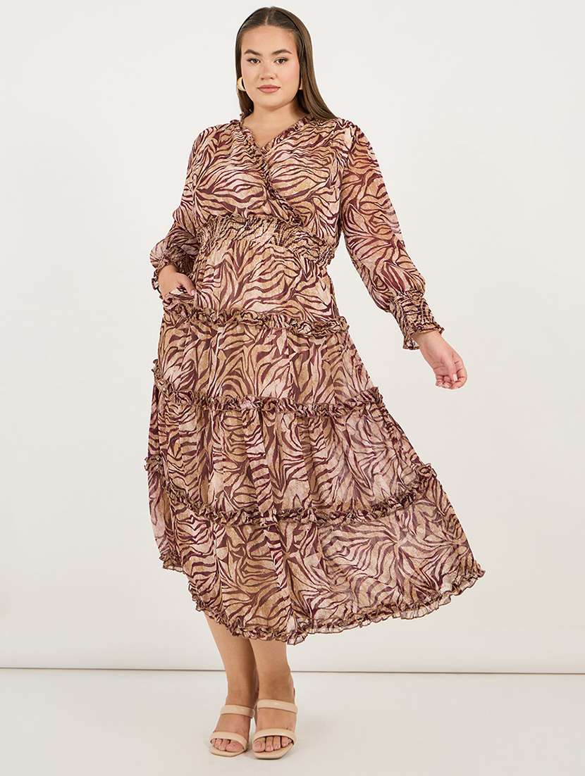 women plus size printed long sleeves tiered dress