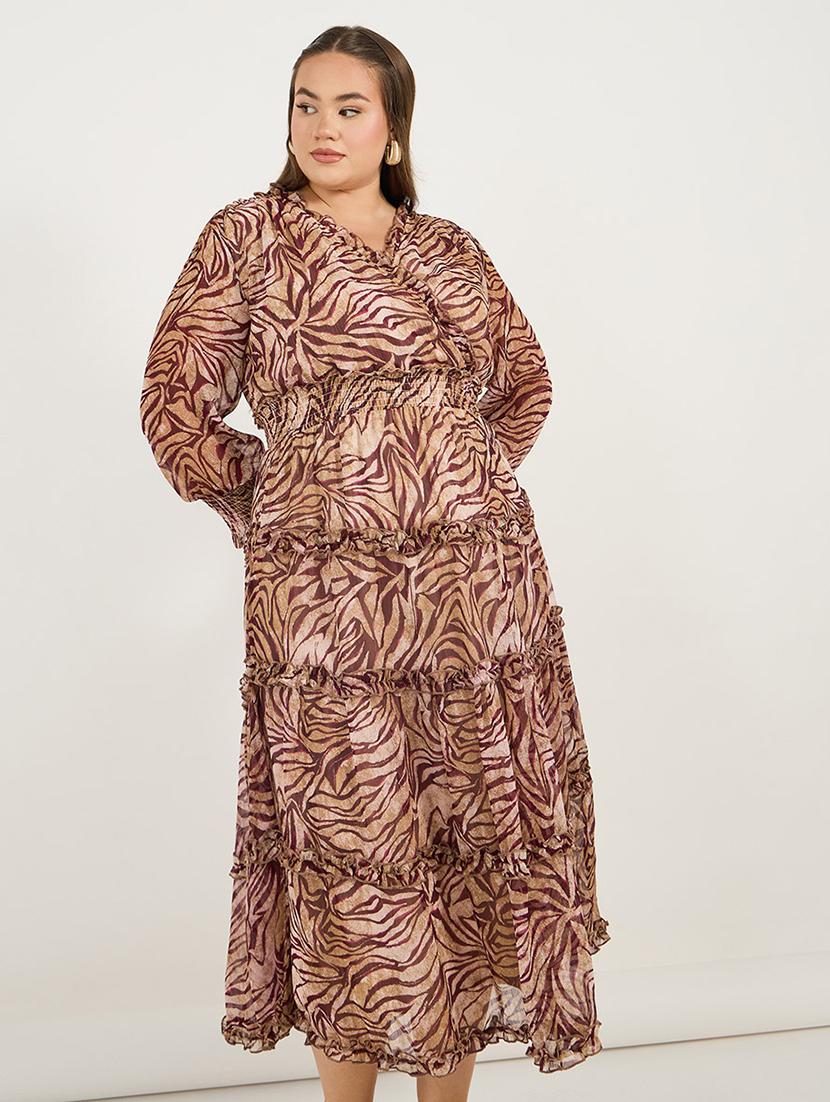 women plus size printed long sleeves tiered dress - 21695349 - Standard Image - 2