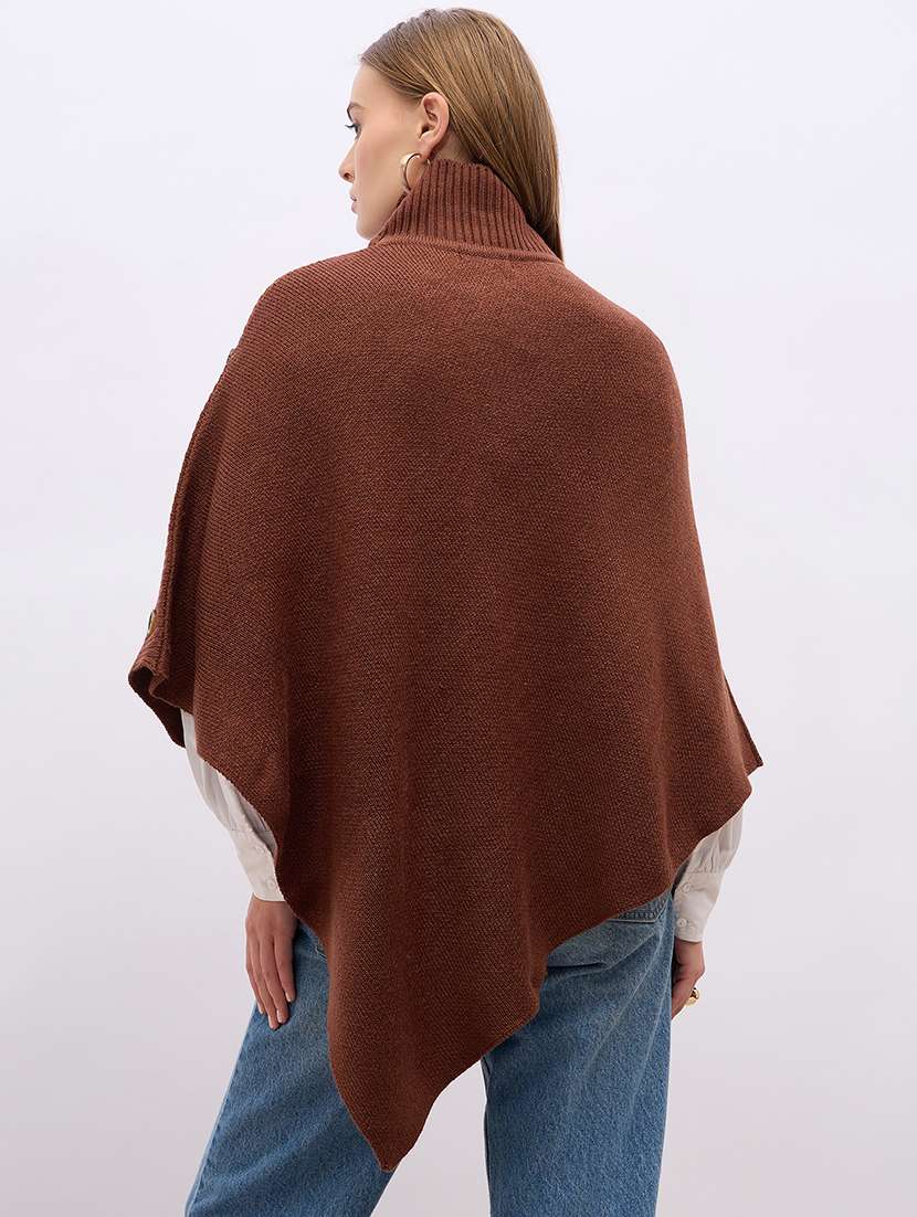 women brown turtle neck self design ponchos - 21695371 - Standard Image - 2